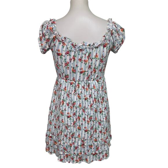 Peach Love California Womens Medium Striped Floral Short Sleeve Smocked Dress - Picture 4 of 7